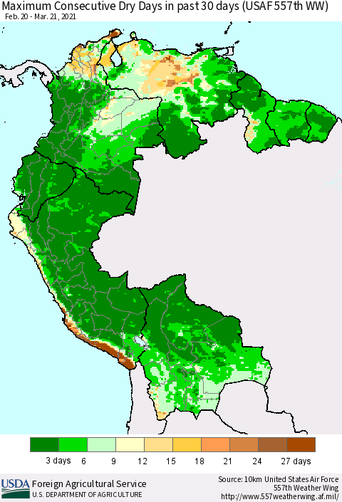 Northern South America Maximum Consecutive Dry Days in past 30 days (USAF 557th WW) 03/21/2021 Thematic Map For 3/15/2021 - 3/21/2021