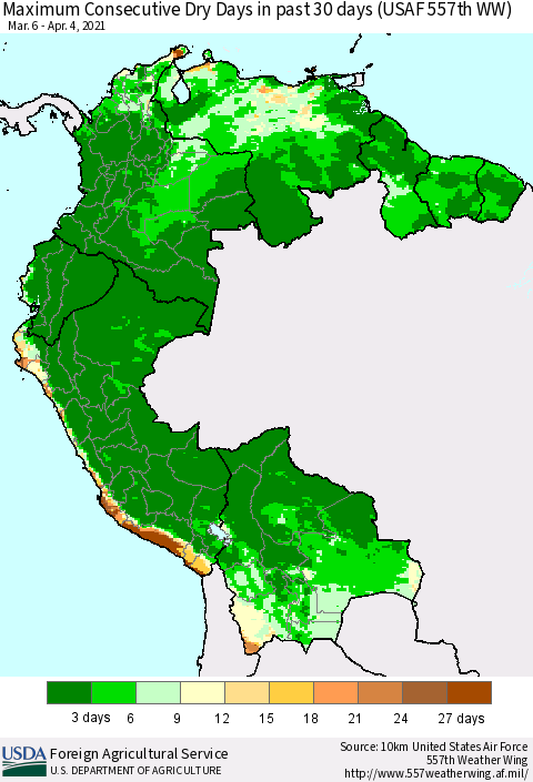 Northern South America Maximum Consecutive Dry Days in past 30 days (USAF 557th WW) 04/04/2021 Thematic Map For 3/29/2021 - 4/4/2021