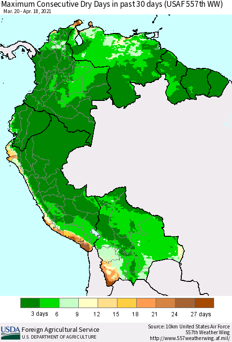 Northern South America Maximum Consecutive Dry Days in past 30 days (USAF 557th WW) 04/18/2021 Thematic Map For 4/12/2021 - 4/18/2021