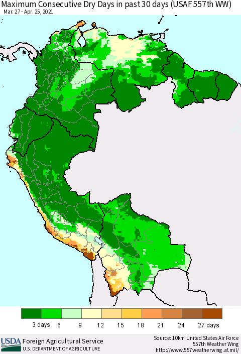 Northern South America Maximum Consecutive Dry Days in past 30 days (USAF 557th WW) 04/25/2021 Thematic Map For 4/19/2021 - 4/25/2021
