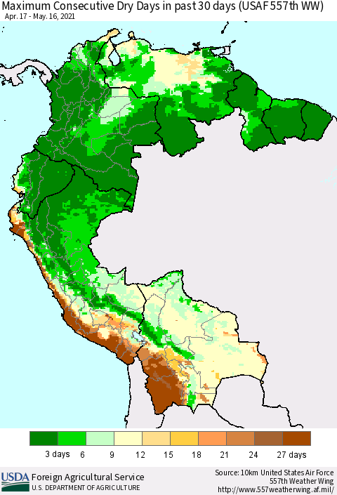 Northern South America Maximum Consecutive Dry Days in past 30 days (USAF 557th WW) 05/16/2021 Thematic Map For 5/10/2021 - 5/16/2021