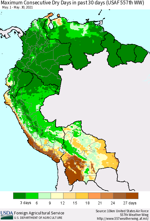 Northern South America Maximum Consecutive Dry Days in past 30 days (USAF 557th WW) 05/30/2021 Thematic Map For 5/24/2021 - 5/30/2021