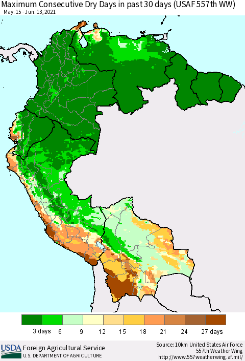 Northern South America Maximum Consecutive Dry Days in past 30 days (USAF 557th WW) 06/13/2021 Thematic Map For 6/7/2021 - 6/13/2021
