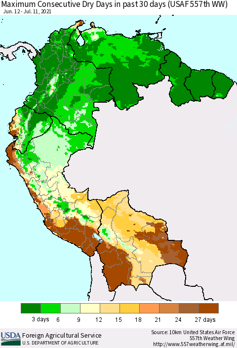 Northern South America Maximum Consecutive Dry Days in past 30 days (USAF 557th WW) 07/11/2021 Thematic Map For 7/5/2021 - 7/11/2021