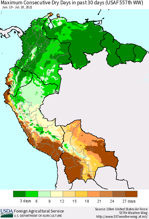 Northern South America Maximum Consecutive Dry Days in past 30 days (USAF 557th WW) 07/18/2021 Thematic Map For 7/12/2021 - 7/18/2021
