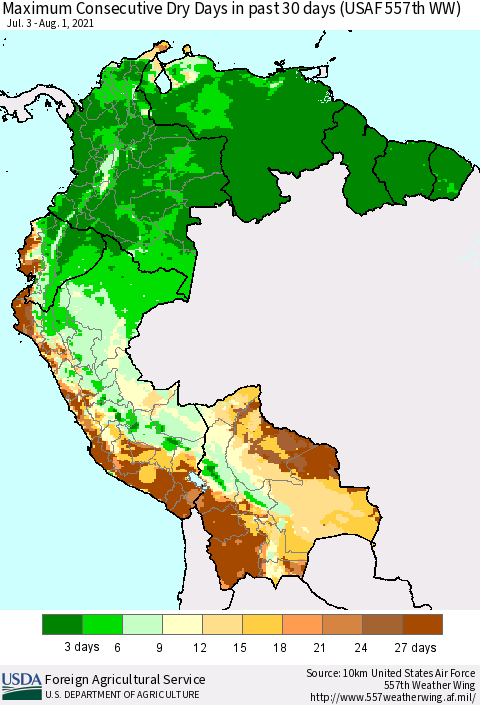 Northern South America Maximum Consecutive Dry Days in past 30 days (USAF 557th WW) 08/01/2021 Thematic Map For 7/26/2021 - 8/1/2021