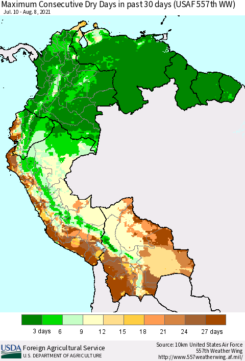 Northern South America Maximum Consecutive Dry Days in past 30 days (USAF 557th WW) 08/08/2021 Thematic Map For 8/2/2021 - 8/8/2021