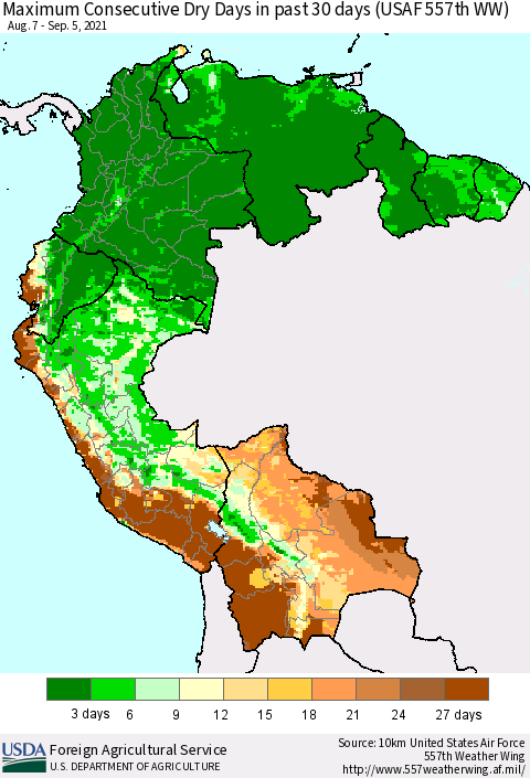 Northern South America Maximum Consecutive Dry Days in past 30 days (USAF 557th WW) 09/05/2021 Thematic Map For 8/30/2021 - 9/5/2021