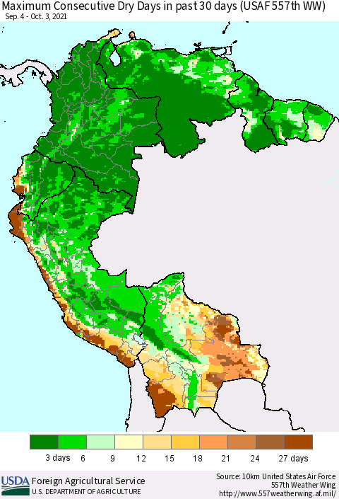 Northern South America Maximum Consecutive Dry Days in past 30 days (USAF 557th WW) 10/03/2021 Thematic Map For 9/27/2021 - 10/3/2021