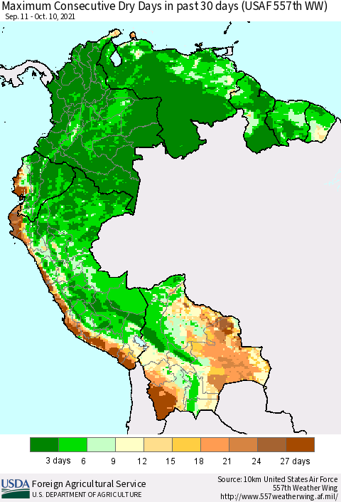 Northern South America Maximum Consecutive Dry Days in past 30 days (USAF 557th WW) 10/10/2021 Thematic Map For 10/4/2021 - 10/10/2021