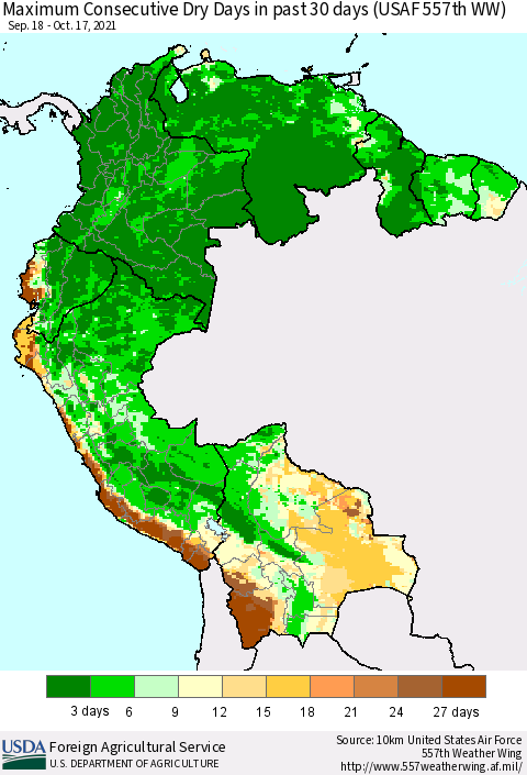 Northern South America Maximum Consecutive Dry Days in past 30 days (USAF 557th WW) 10/17/2021 Thematic Map For 10/11/2021 - 10/17/2021