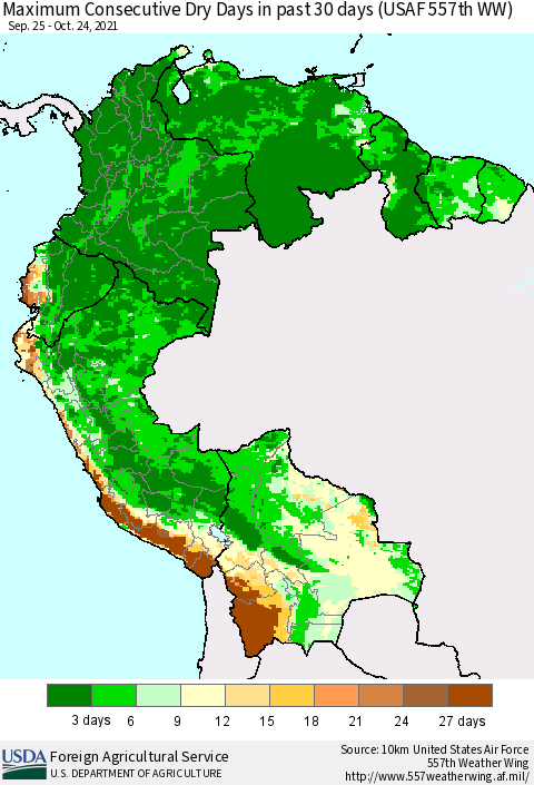 Northern South America Maximum Consecutive Dry Days in past 30 days (USAF 557th WW) 10/24/2021 Thematic Map For 10/18/2021 - 10/24/2021