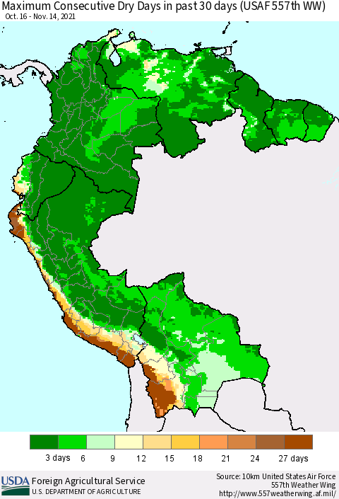 Northern South America Maximum Consecutive Dry Days in past 30 days (USAF 557th WW) 11/14/2021 Thematic Map For 11/8/2021 - 11/14/2021