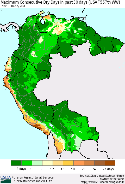 Northern South America Maximum Consecutive Dry Days in past 30 days (USAF 557th WW) 12/05/2021 Thematic Map For 11/29/2021 - 12/5/2021