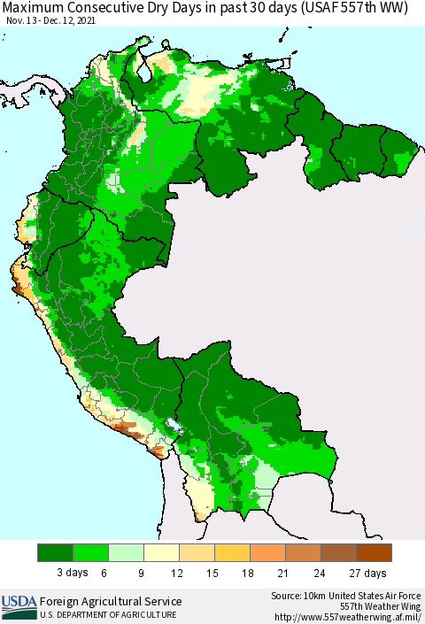 Northern South America Maximum Consecutive Dry Days in past 30 days (USAF 557th WW) 12/12/2021 Thematic Map For 12/6/2021 - 12/12/2021