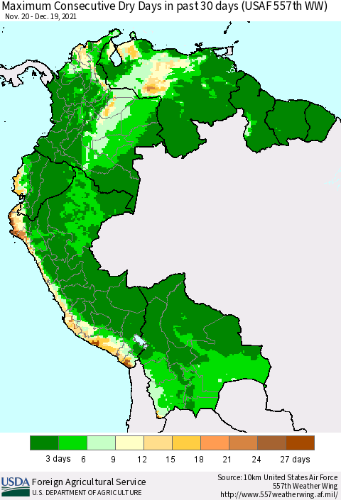 Northern South America Maximum Consecutive Dry Days in past 30 days (USAF 557th WW) 12/19/2021 Thematic Map For 12/13/2021 - 12/19/2021