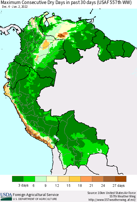 Northern South America Maximum Consecutive Dry Days in past 30 days (USAF 557th WW) 01/02/2022 Thematic Map For 12/27/2021 - 1/2/2022