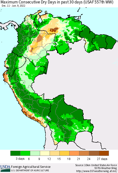 Northern South America Maximum Consecutive Dry Days in past 30 days (USAF 557th WW) 01/09/2022 Thematic Map For 1/3/2022 - 1/9/2022
