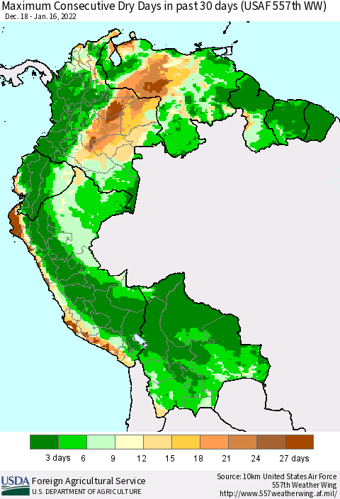 Northern South America Maximum Consecutive Dry Days in past 30 days (USAF 557th WW) 01/16/2022 Thematic Map For 1/10/2022 - 1/16/2022