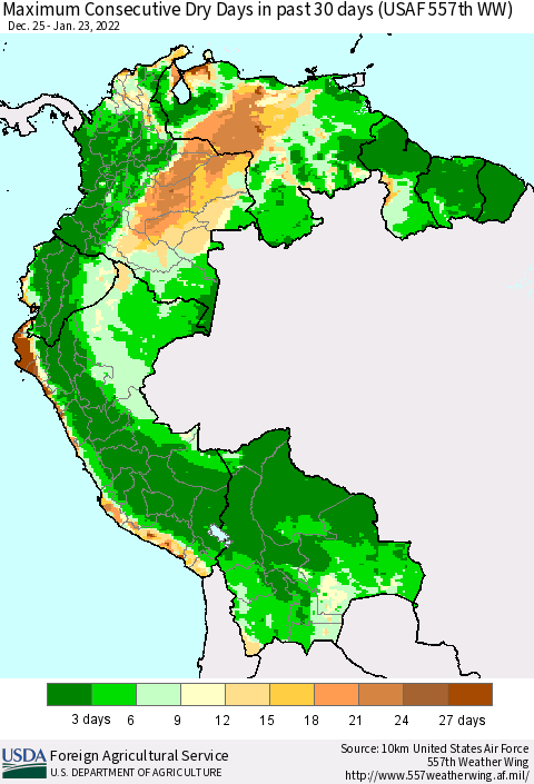 Northern South America Maximum Consecutive Dry Days in past 30 days (USAF 557th WW) 01/23/2022 Thematic Map For 1/17/2022 - 1/23/2022