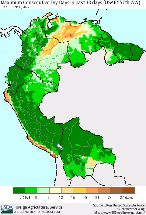 Northern South America Maximum Consecutive Dry Days in past 30 days (USAF 557th WW) 02/06/2022 Thematic Map For 1/31/2022 - 2/6/2022
