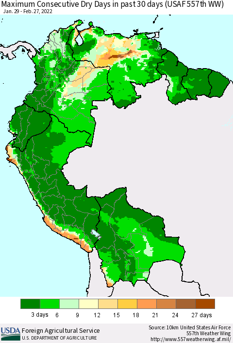 Northern South America Maximum Consecutive Dry Days in past 30 days (USAF 557th WW) 02/27/2022 Thematic Map For 2/21/2022 - 2/27/2022
