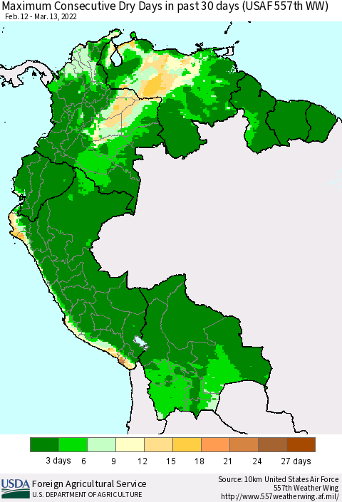 Northern South America Maximum Consecutive Dry Days in past 30 days (USAF 557th WW) 03/13/2022 Thematic Map For 3/7/2022 - 3/13/2022