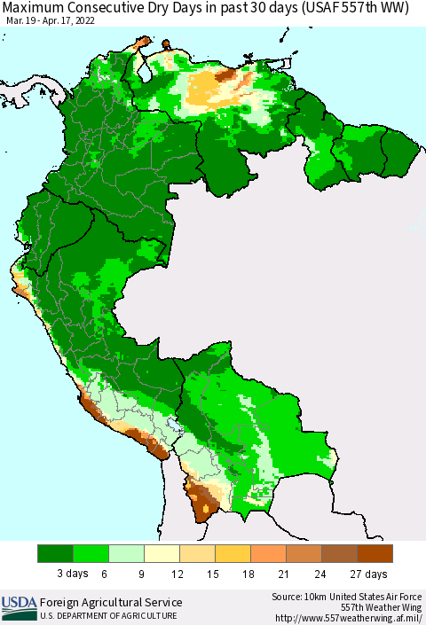 Northern South America Maximum Consecutive Dry Days in past 30 days (USAF 557th WW) 04/17/2022 Thematic Map For 4/11/2022 - 4/17/2022