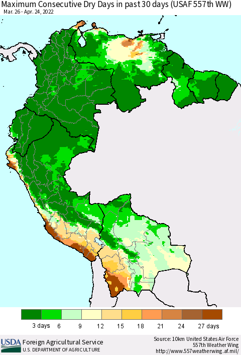 Northern South America Maximum Consecutive Dry Days in past 30 days (USAF 557th WW) 04/24/2022 Thematic Map For 4/18/2022 - 4/24/2022