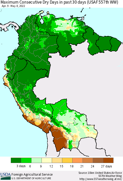 Northern South America Maximum Consecutive Dry Days in past 30 days (USAF 557th WW) 05/08/2022 Thematic Map For 5/2/2022 - 5/8/2022