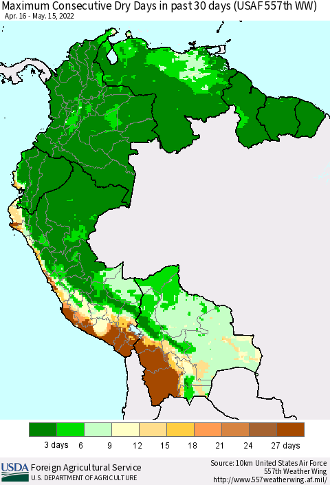 Northern South America Maximum Consecutive Dry Days in past 30 days (USAF 557th WW) 05/15/2022 Thematic Map For 5/9/2022 - 5/15/2022