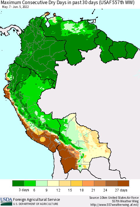 Northern South America Maximum Consecutive Dry Days in past 30 days (USAF 557th WW) 06/05/2022 Thematic Map For 5/30/2022 - 6/5/2022