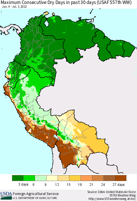 Northern South America Maximum Consecutive Dry Days in past 30 days (USAF 557th WW) 07/03/2022 Thematic Map For 6/27/2022 - 7/3/2022