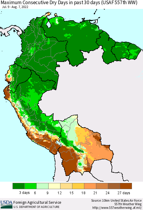 Northern South America Maximum Consecutive Dry Days in past 30 days (USAF 557th WW) 08/07/2022 Thematic Map For 8/1/2022 - 8/7/2022