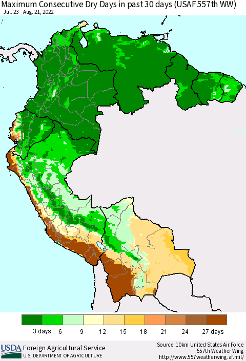 Northern South America Maximum Consecutive Dry Days in past 30 days (USAF 557th WW) 08/21/2022 Thematic Map For 8/15/2022 - 8/21/2022