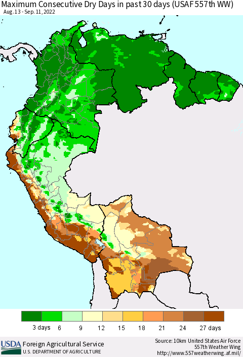 Northern South America Maximum Consecutive Dry Days in past 30 days (USAF 557th WW) 09/11/2022 Thematic Map For 9/5/2022 - 9/11/2022
