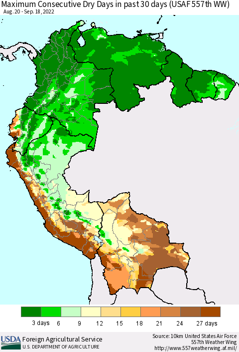 Northern South America Maximum Consecutive Dry Days in past 30 days (USAF 557th WW) 09/18/2022 Thematic Map For 9/12/2022 - 9/18/2022
