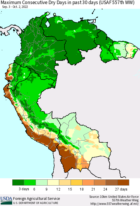 Northern South America Maximum Consecutive Dry Days in past 30 days (USAF 557th WW) 10/02/2022 Thematic Map For 9/26/2022 - 10/2/2022