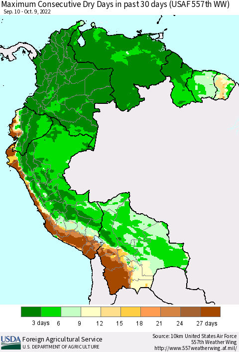 Northern South America Maximum Consecutive Dry Days in past 30 days (USAF 557th WW) 10/09/2022 Thematic Map For 10/3/2022 - 10/9/2022