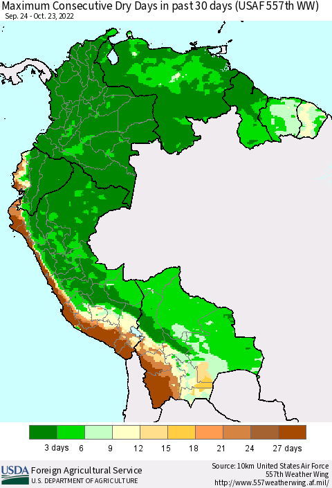 Northern South America Maximum Consecutive Dry Days in past 30 days (USAF 557th WW) 10/23/2022 Thematic Map For 10/17/2022 - 10/23/2022