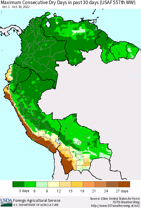 Northern South America Maximum Consecutive Dry Days in past 30 days (USAF 557th WW) 10/30/2022 Thematic Map For 10/24/2022 - 10/30/2022