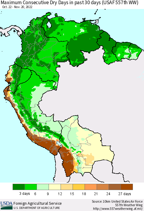 Northern South America Maximum Consecutive Dry Days in past 30 days (USAF 557th WW) 11/20/2022 Thematic Map For 11/14/2022 - 11/20/2022
