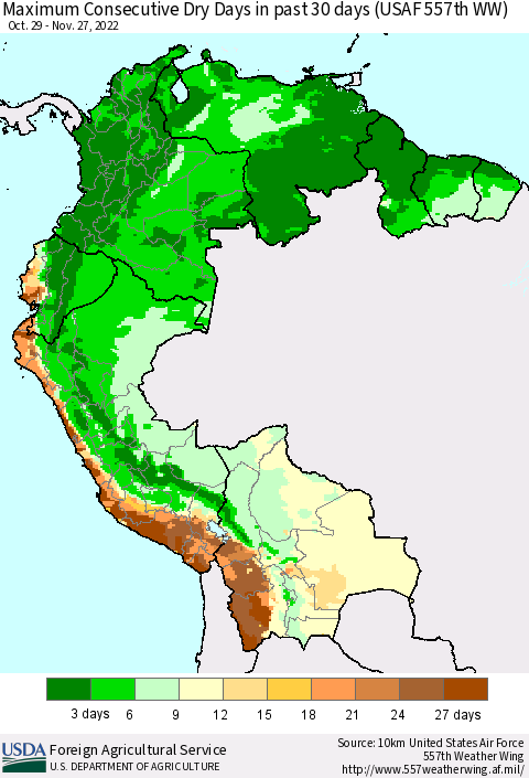 Northern South America Maximum Consecutive Dry Days in past 30 days (USAF 557th WW) 11/27/2022 Thematic Map For 11/21/2022 - 11/27/2022
