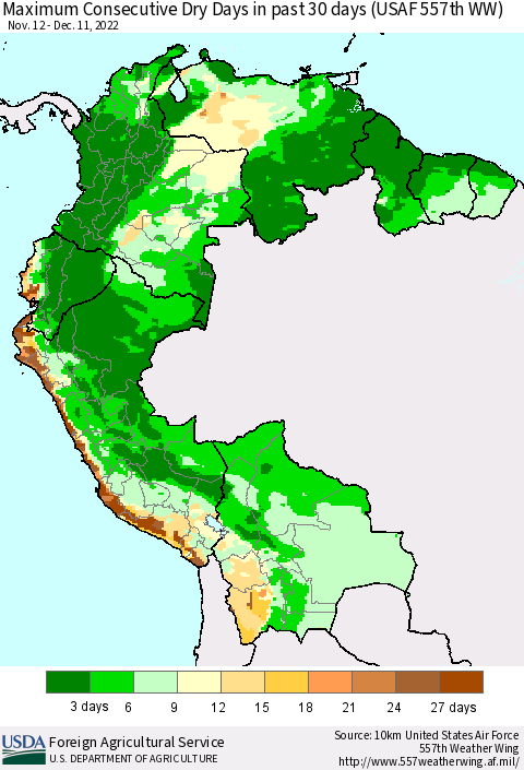 Northern South America Maximum Consecutive Dry Days in past 30 days (USAF 557th WW) 12/11/2022 Thematic Map For 12/5/2022 - 12/11/2022