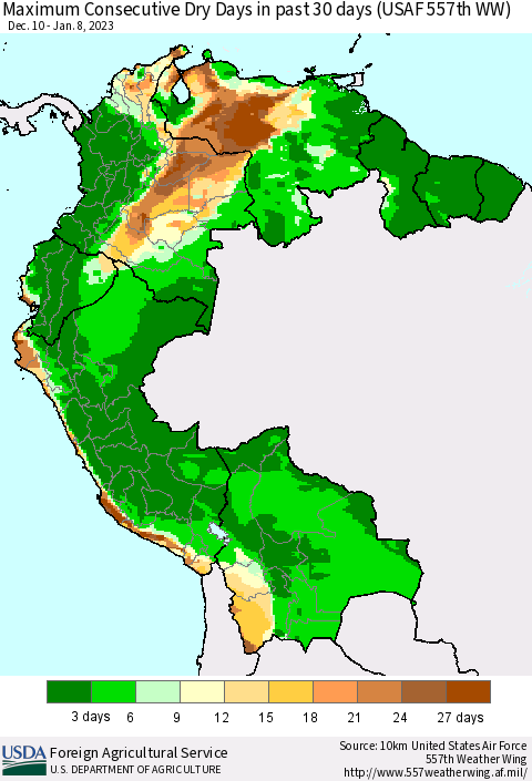 Northern South America Maximum Consecutive Dry Days in past 30 days (USAF 557th WW) 01/08/2023 Thematic Map For 1/2/2023 - 1/8/2023
