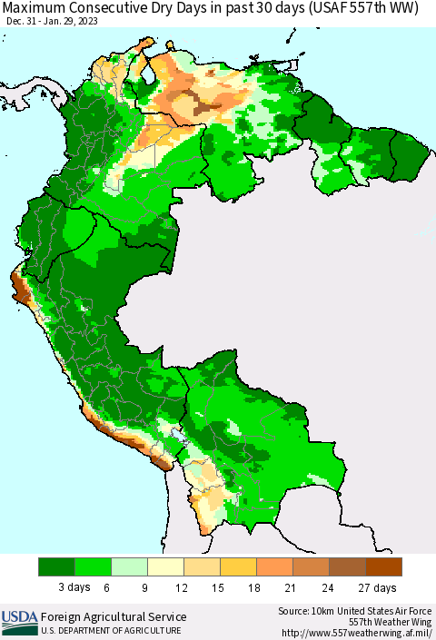 Northern South America Maximum Consecutive Dry Days in past 30 days (USAF 557th WW) 01/29/2023 Thematic Map For 1/23/2023 - 1/29/2023