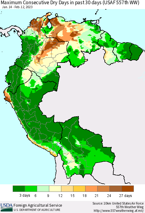 Northern South America Maximum Consecutive Dry Days in past 30 days (USAF 557th WW) 02/12/2023 Thematic Map For 2/6/2023 - 2/12/2023
