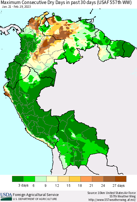 Northern South America Maximum Consecutive Dry Days in past 30 days (USAF 557th WW) 02/19/2023 Thematic Map For 2/13/2023 - 2/19/2023