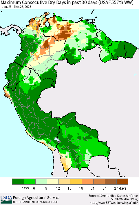 Northern South America Maximum Consecutive Dry Days in past 30 days (USAF 557th WW) 02/26/2023 Thematic Map For 2/20/2023 - 2/26/2023