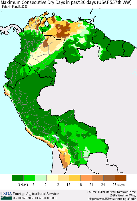 Northern South America Maximum Consecutive Dry Days in past 30 days (USAF 557th WW) 03/05/2023 Thematic Map For 2/27/2023 - 3/5/2023
